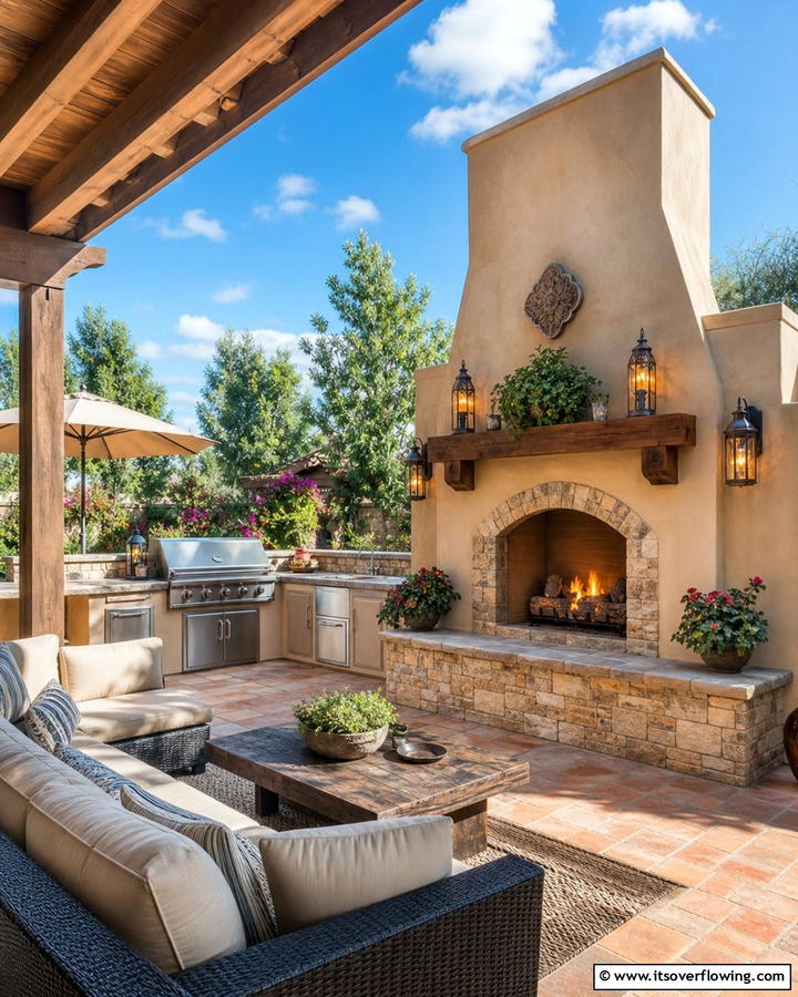 Stucco Kitchen with Outdoor Fireplace - 20 Stucco Outdoor Kitchen Ideas for Stylish Cooking