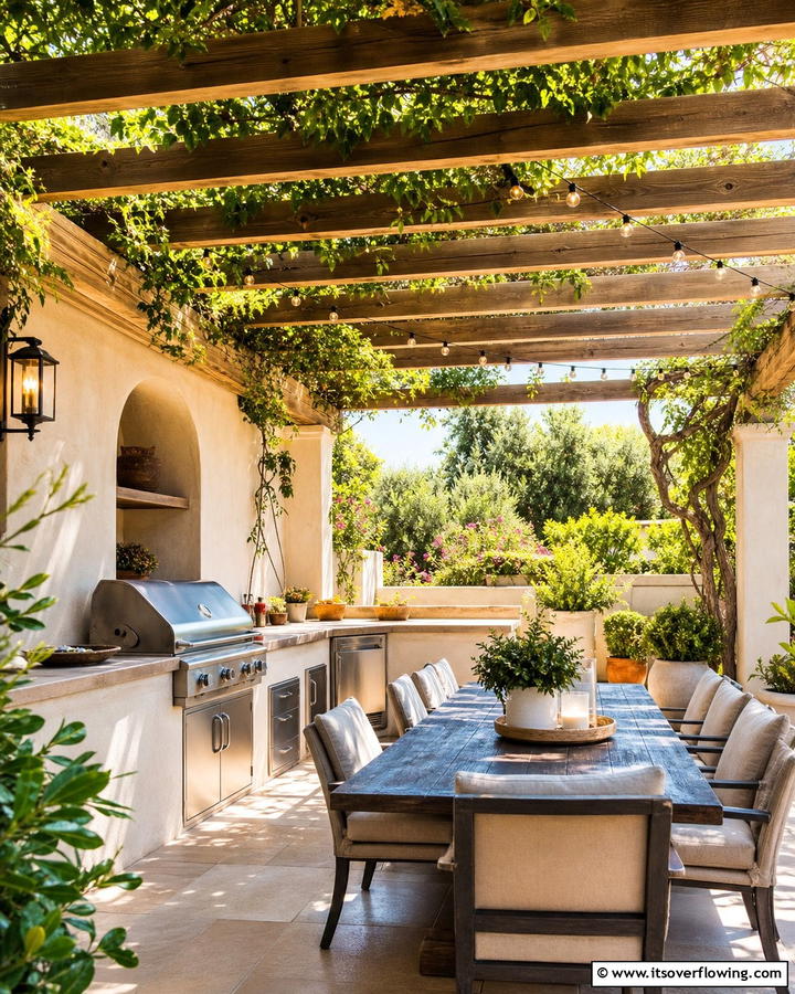 Stucco Kitchen with Pergola for Shade - 20 Stucco Outdoor Kitchen Ideas for Stylish Cooking
