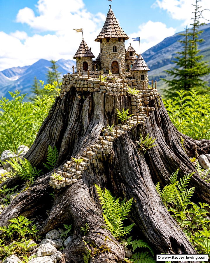 Stump Fairy Castle - 25 Tree Stump Fairy Garden Ideas for Enchanting Spaces