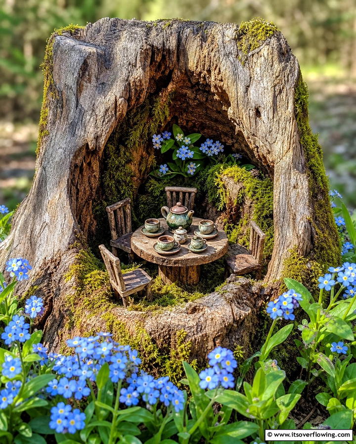 Stump Fairy Tea Party Scene - 25 Tree Stump Fairy Garden Ideas for Enchanting Spaces