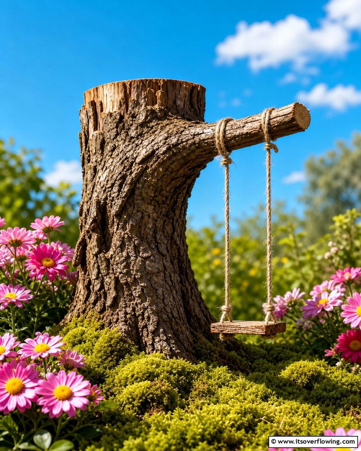 Stump with Fairy Swing - 25 Tree Stump Fairy Garden Ideas for Enchanting Spaces