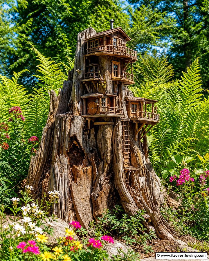 Stump with Miniature Treehouse - 25 Tree Stump Fairy Garden Ideas for Enchanting Spaces