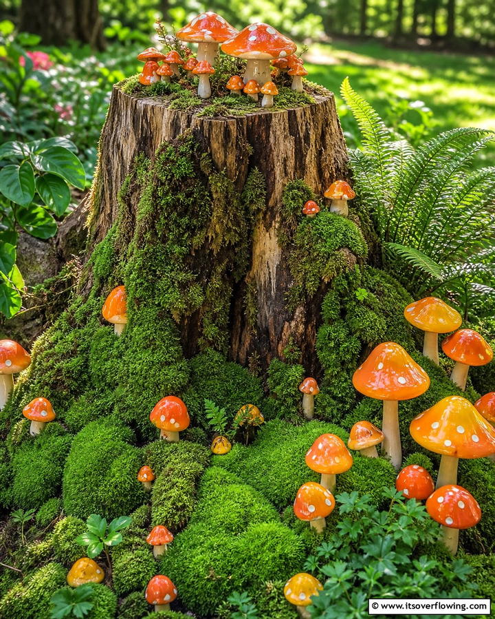 Stump with Mushroom Wonderland - 25 Tree Stump Fairy Garden Ideas for Enchanting Spaces