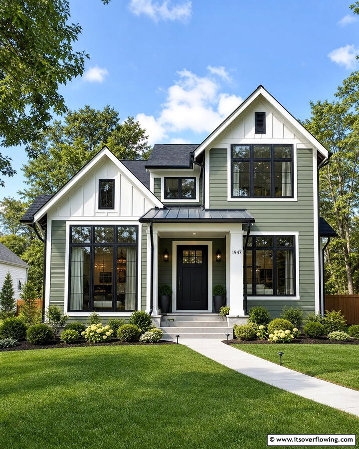 Styling with Black Window Frames - 20 Sage Green House With Black Door Design Ideas