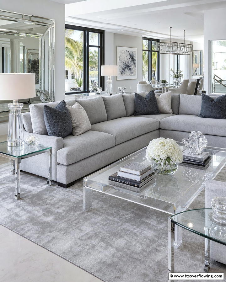 Styling with Glass and Transparent Elements - 25 Grey Sectional Living Room Ideas for Modern Homes