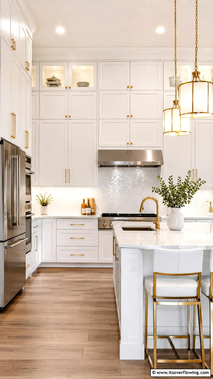 Stylish Backsplash Featuring White and Gold - 21 White and Gold Kitchen Ideas for Timeless Elegance