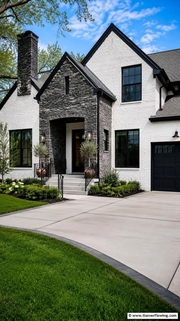Stylish Brick Dwelling with Contrasting Stone Design - 30 Brick Houses With Stone Accents- Exterior Design Inspiration