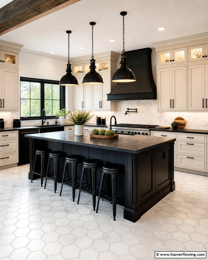 Stylish Contrast with Dark Accents - 20 Off-white Kitchen Cabinets Ideas for a Timeless Look