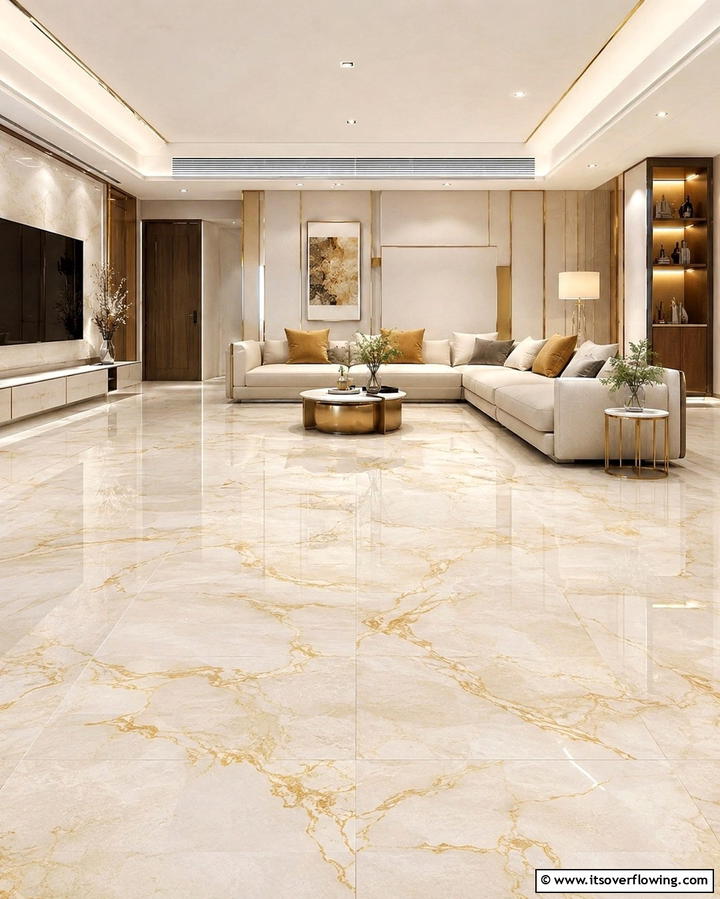 Stylish Cream and Gold Flooring Design - 30 Elegant Cream & Gold Living Room Themes for Luxe Interiors