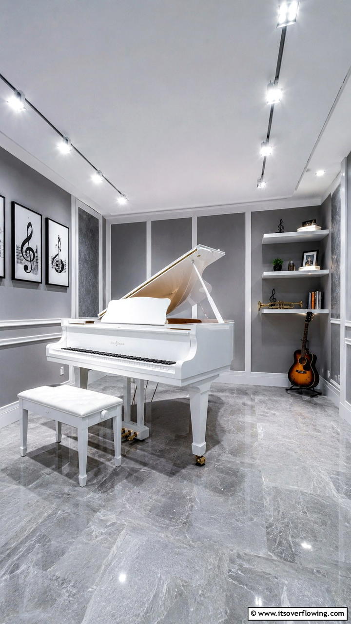 Stylish Music Room Harmony - 30 Grey and White House Interior Ideas- Minimalist Elegance