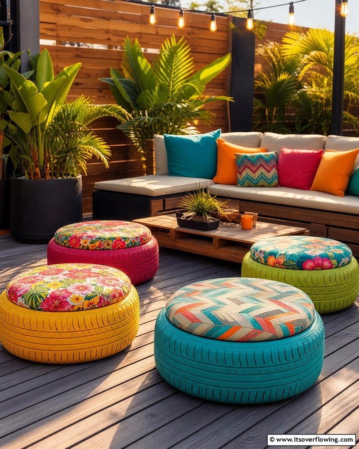 Stylish Tyre Ottomans - 21 Recycled Tyre Garden Art Ideas for Eco-Conscious Spaces