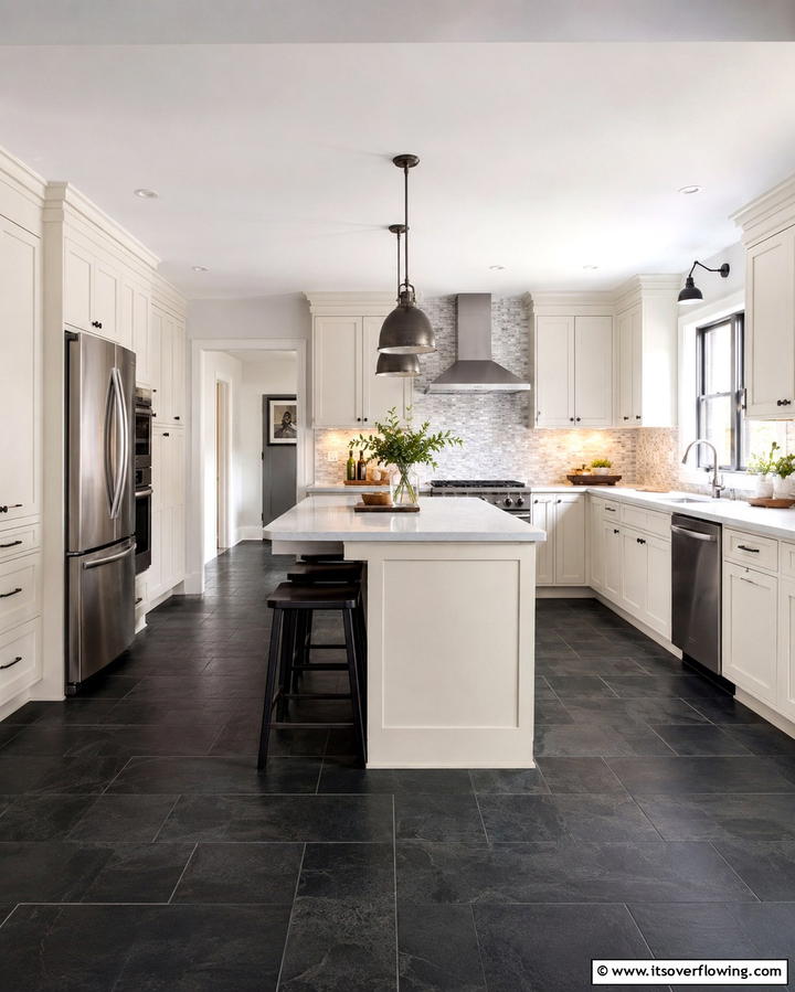 Subdued Contrast with Dark Flooring - 25 Off-white Kitchen Cabinets for a Timeless Look
