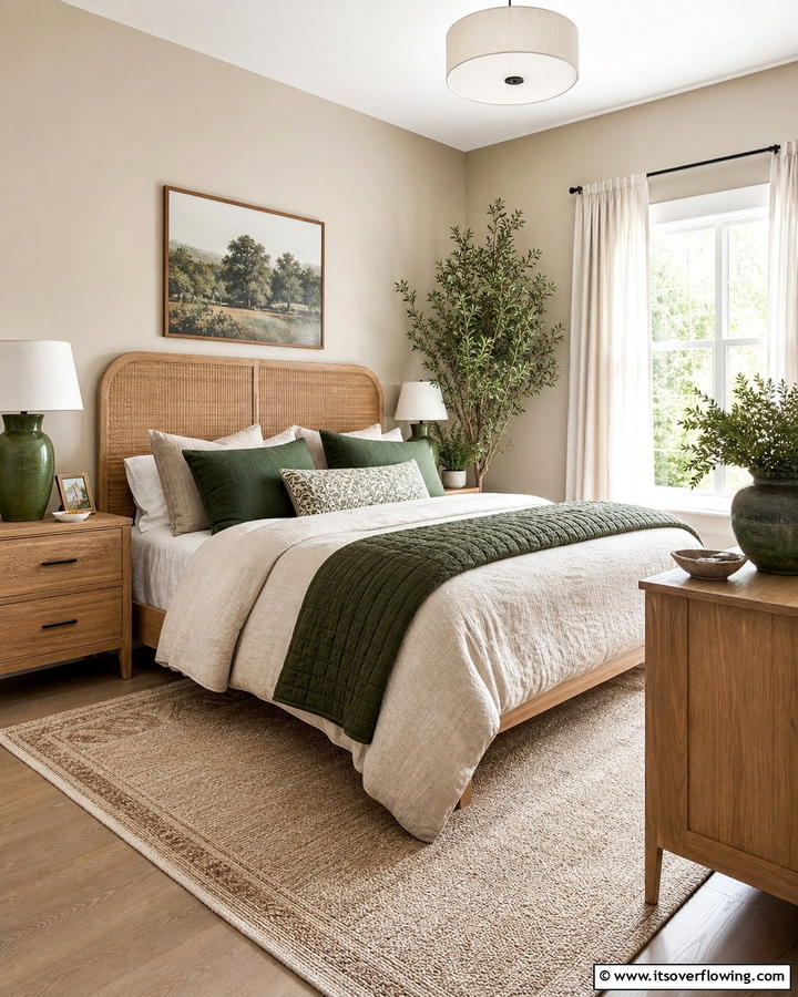 Subdued Dark Green Tones with Neutrals - 21 Dark Green Bedroom Ideas- Moody & Luxurious Spaces