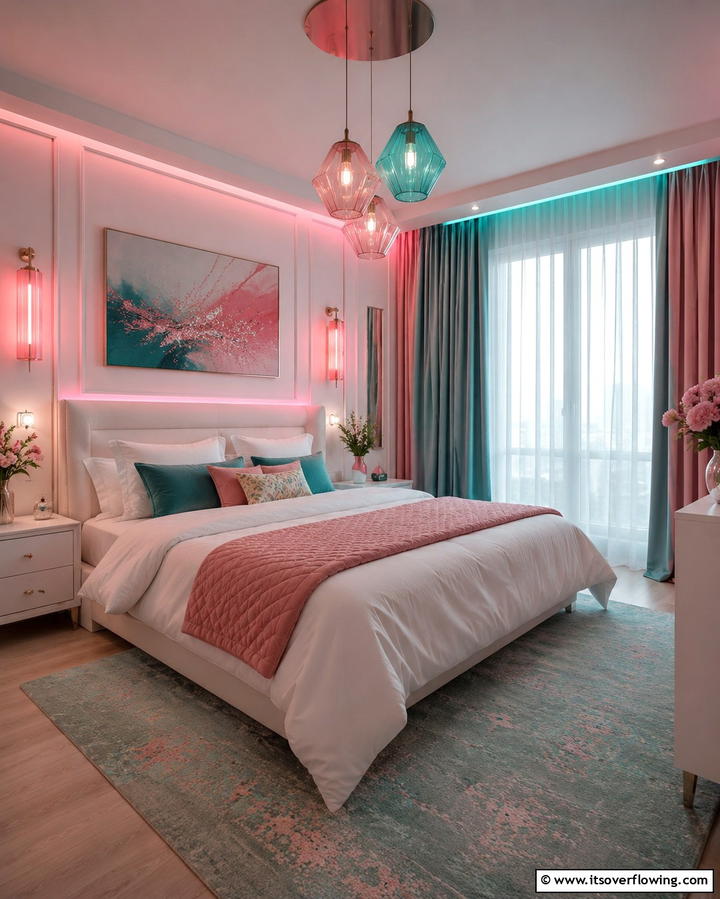 Subdued Pink and Teal Lighting - 30 Teal and Pink Bedroom Ideas for Bold Modern Design