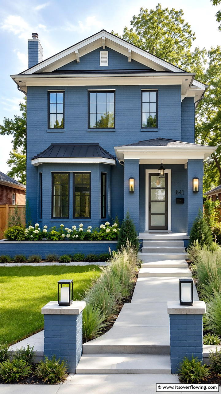 Subdued Steel Blue - 30 Exterior Brick Paint Color Ideas for Curb Appeal