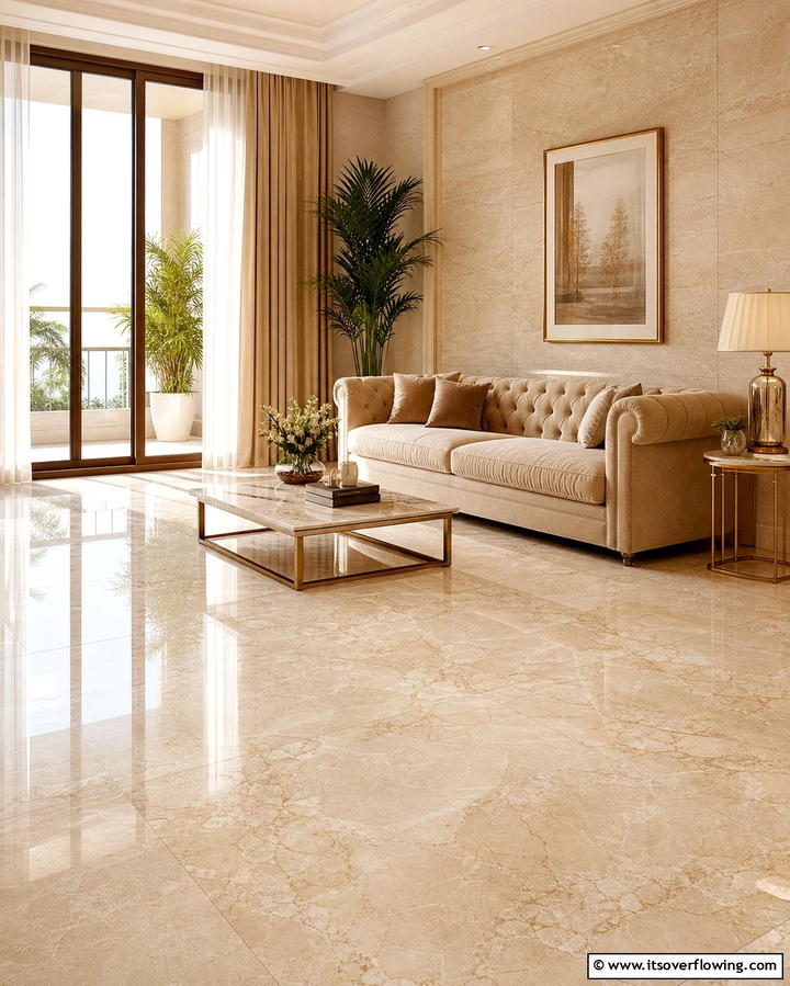 Subtle Beige Marble Flooring - 25 Marble Floor Living Room Ideas for a Luxurious Space