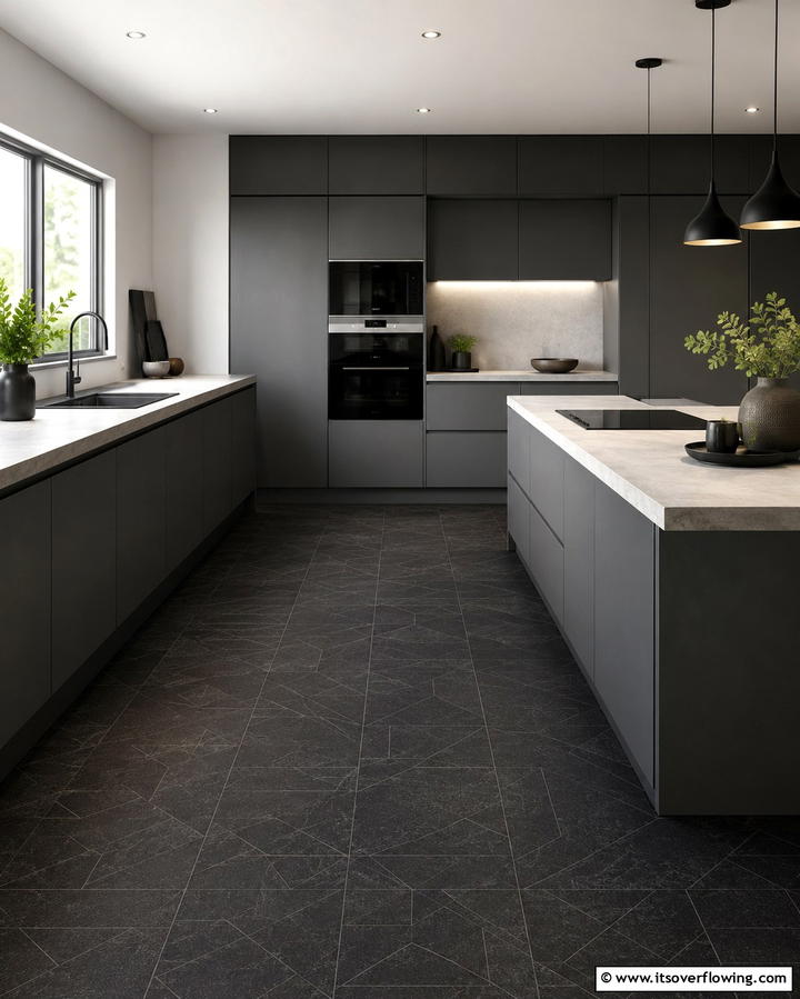 Subtle Black Patterned Floor - 30 Sleek Black Floor Kitchen Ideas for Contemporary Designs