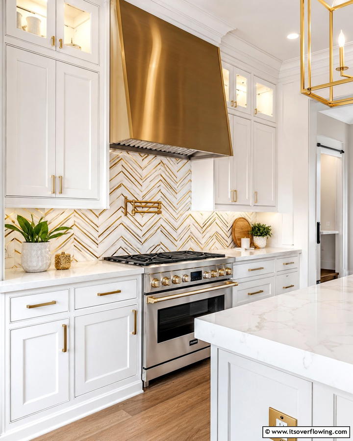 Subtle Chevron Pattern with Gold Accents - 25 White and Gold Kitchen Backsplash Ideas for Elegance
