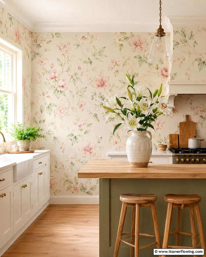 Subtle Floral Designs - 30 Kitchen Wallpaper Ideas- Bold Backsplashes & Accent Walls