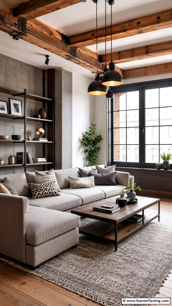 Subtle Industrial Details - 30 Exposed Beam Living Room Ideas for Rustic Charm