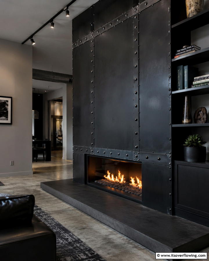 Subtle Industrial Details - 30 Bold Black Fireplace Ideas to Elevate Your Living Room