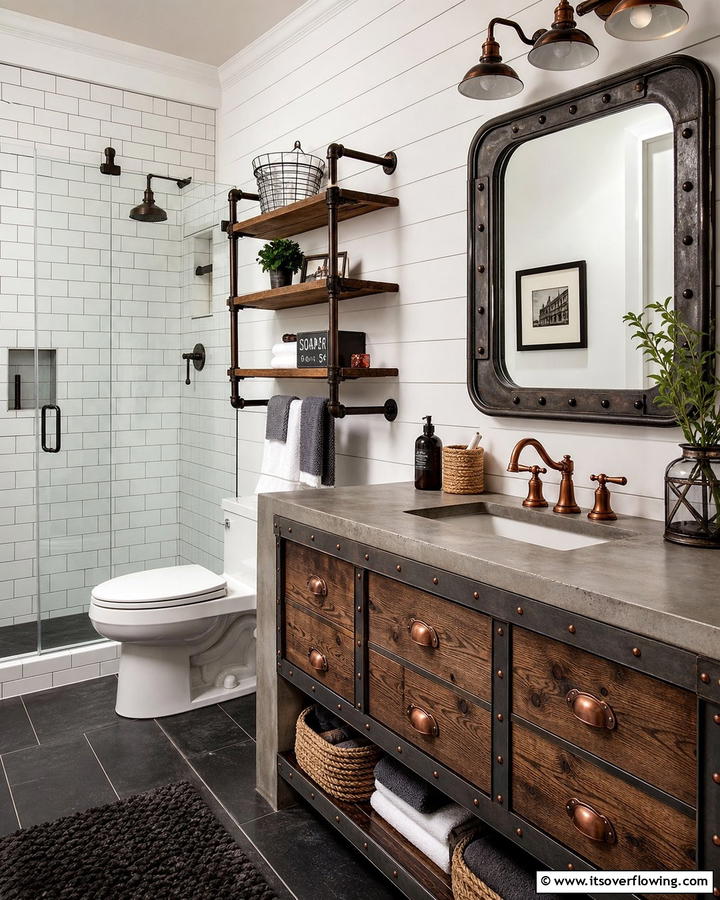 Subtle Industrial Touches - 21 Modern Farmhouse Bathroom Ideas Blending Rustic Charm
