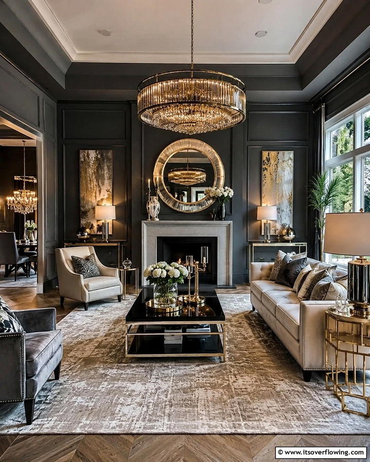 Subtle Metallic Touches - 30 Striking Contrasting Living Rooms Featuring Dark Grey Walls