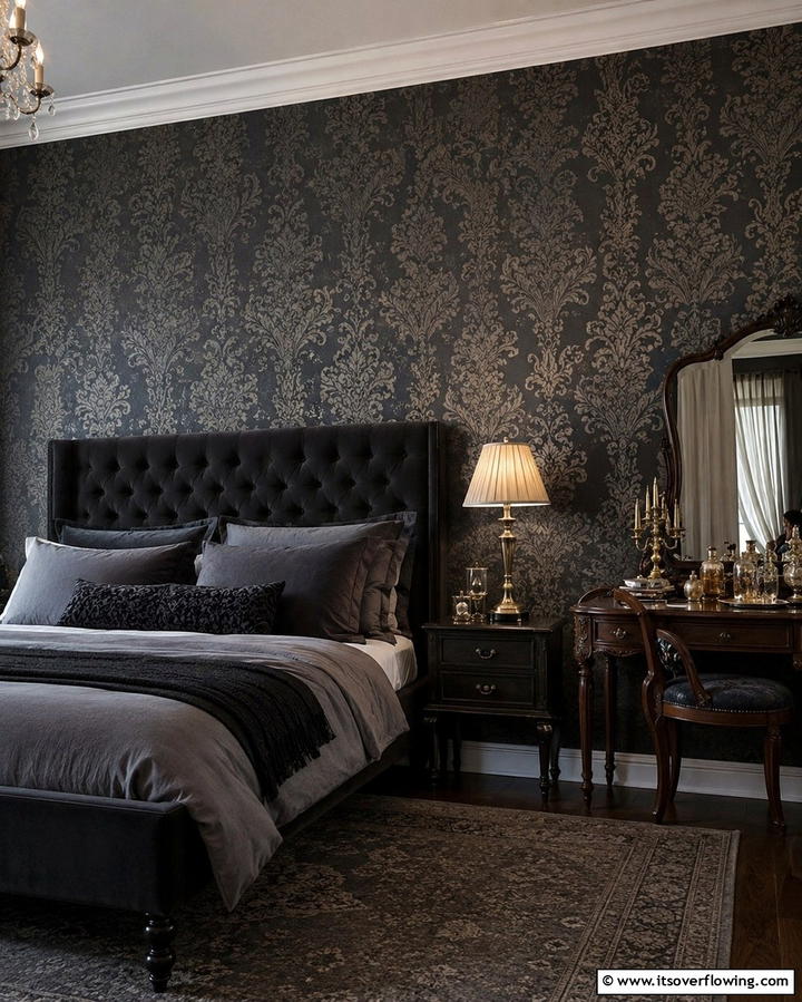 Subtle Patterned Wallpaper - 30 Dark Academia Bedroom Designs for a Scholarly Aesthetic