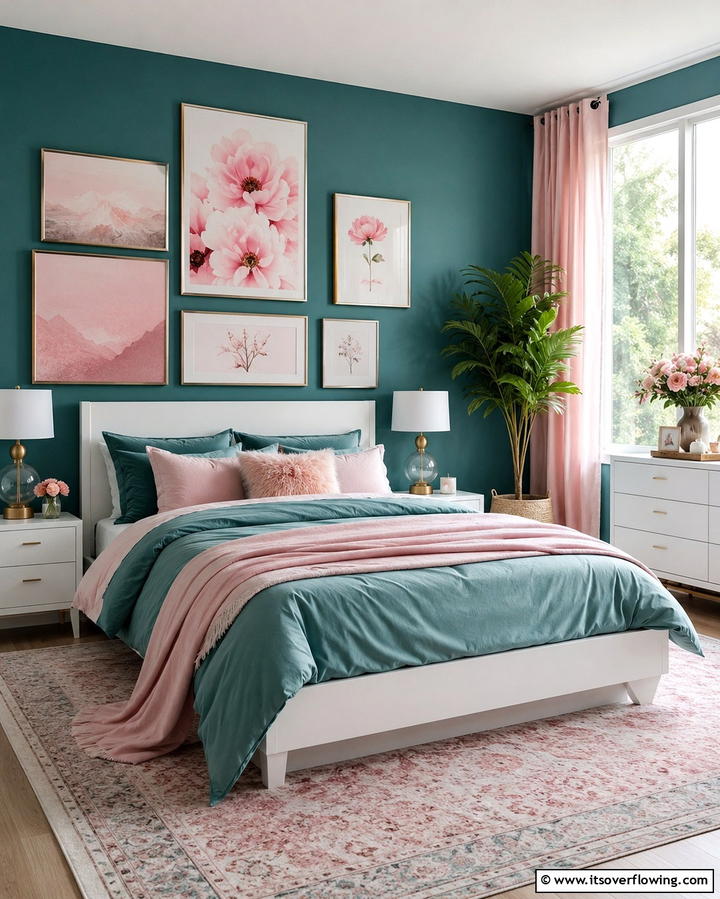 Subtle Pink Wall Art Integration - 30 Teal and Pink Bedroom Ideas for Bold Modern Design