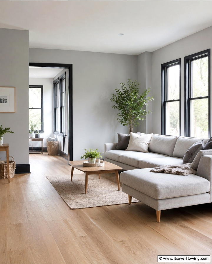 Subtle Scandinavian Vibes - 30 Living Room Grey Walls & Black Trim- Bold Contrast Ideas