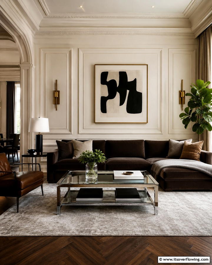 Subtle Sophistication with Minimal Accessories - 30 Warm Dark Brown Couch Styling Ideas for Cozy Living Rooms