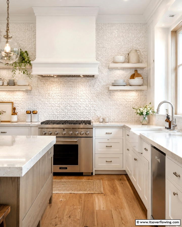 Subtle White Mosaic Tiles - 30 Rustic White Kitchen Ideas for Timeless Farmhouse Style
