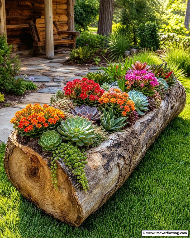 Succulent Log Planter - 25 Succulent Garden Ideas for Low-Maintenance Beauty