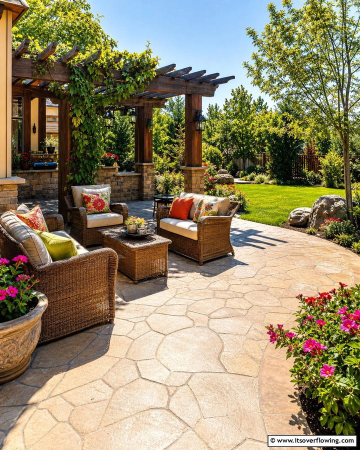 Sun Drenched Retreat - 21 Stamped Concrete Patio Designs to Elevate Outdoor Spaces