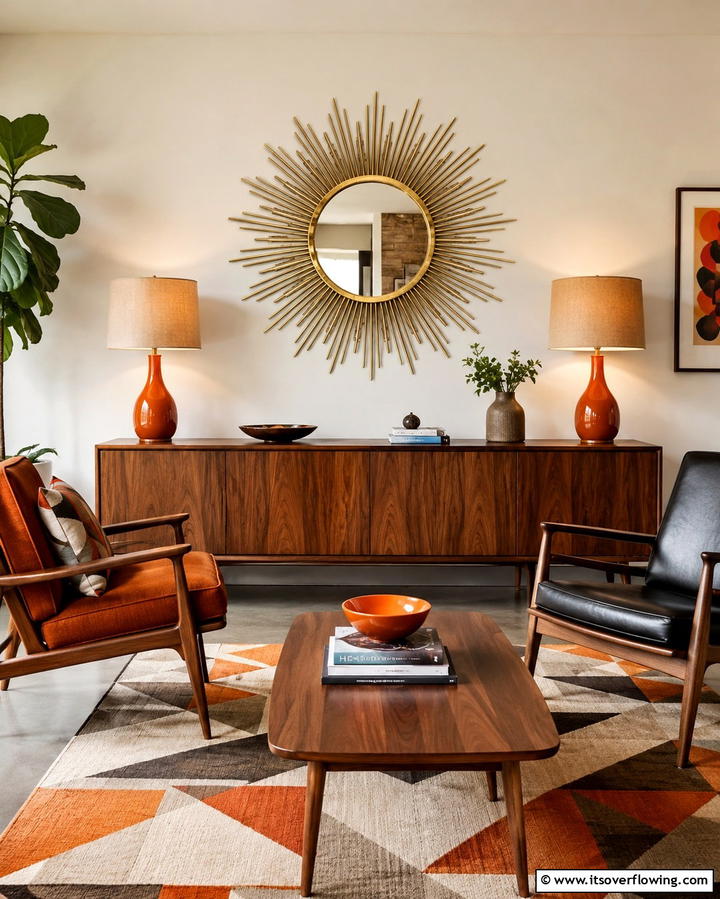 Sunburst Mirror for Mid Century Charm - 25 Living Room Mirror Ideas to Brighten Your Space