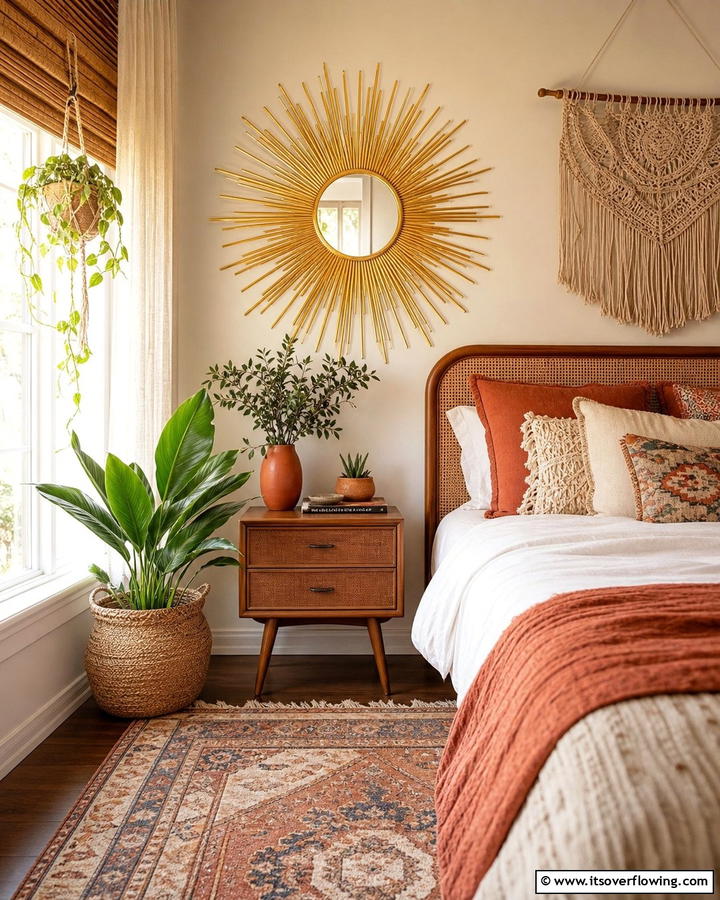 Sunburst Mirror for a Radiant Accent - 20 Mirror Behind Nightstand Design Ideas for Elegance