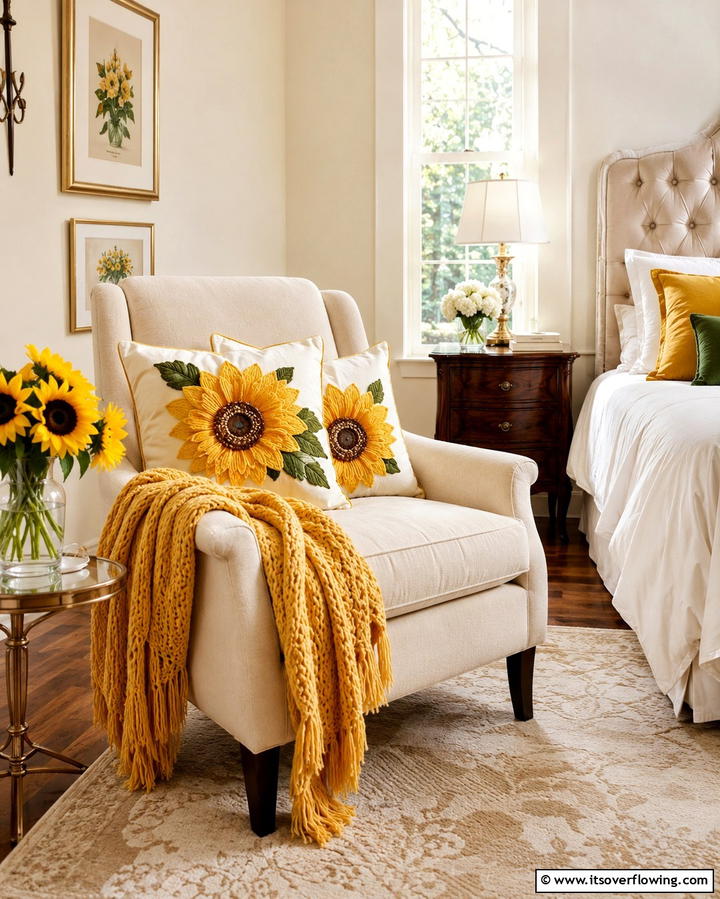 Sunflower Accent Pillows - 25 Sunflower Bedroom Ideas for a Bright and Cheerful Space