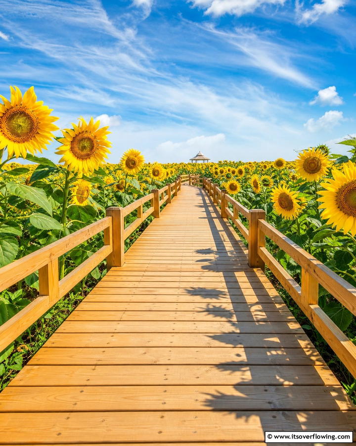 Sunflower Field Pathway - 30 Wooden Walkway Ideas for Gardens and Outdoor Paths