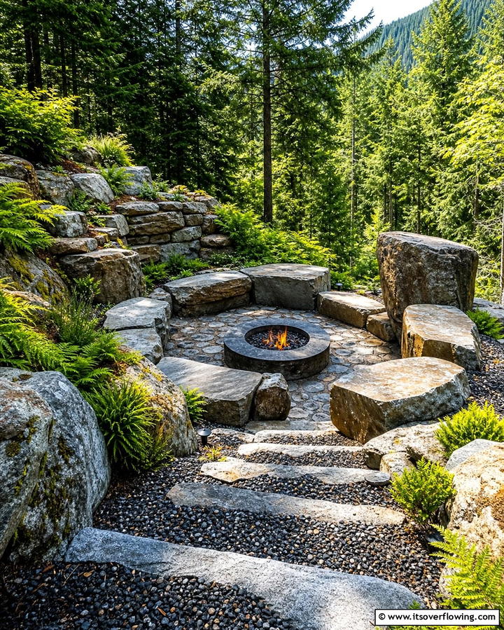 Sunken Fire Pit with Boulder Seating - 25 Rock Fire Pit Ideas for Outdoor Gatherings