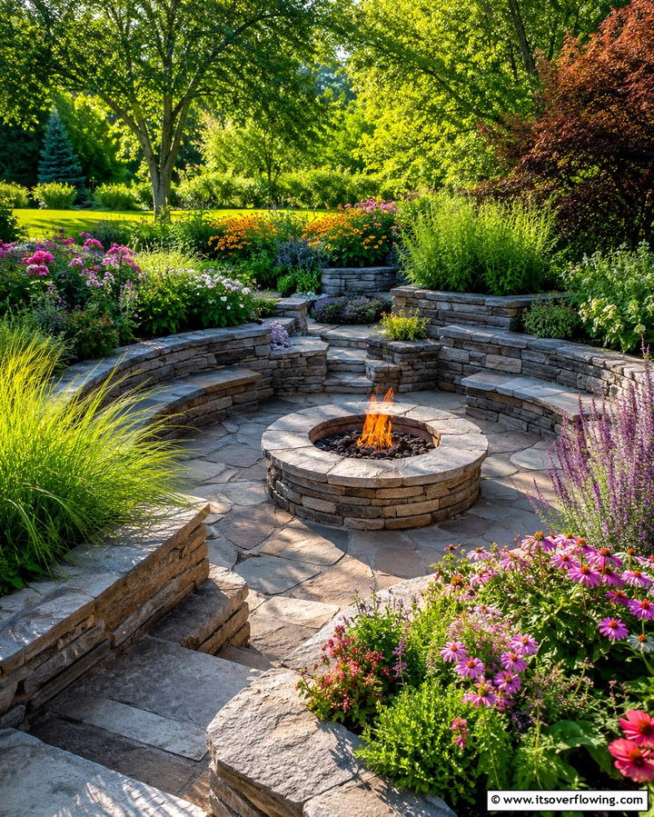 Sunken Fire Pit with Surrounding Planters - 25 Sunken Fire Pit Ideas for a Cozy Outdoor Gathering Spot