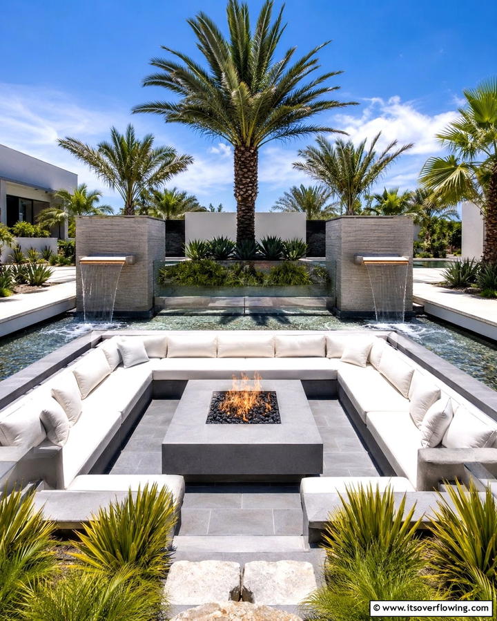 Sunken Fire Pit with Water Features - 25 Sunken Fire Pit Ideas for a Cozy Outdoor Gathering Spot