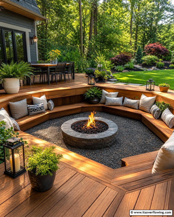 Sunken Fire Pit with a Deck Surround - 25 Backyard Fire Pit Ideas for Cozy Landscaping