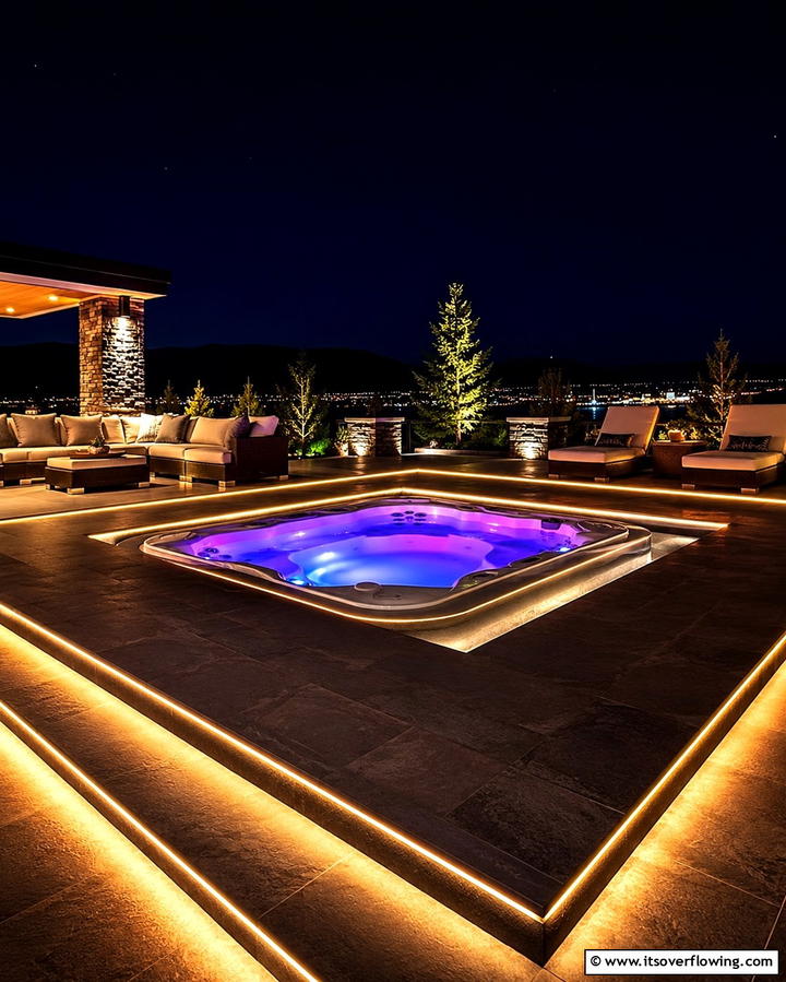 Sunken Hot Tub with LED Lighting - 20 Sunken Hot Tub Ideas for Relaxing Outdoor Spaces