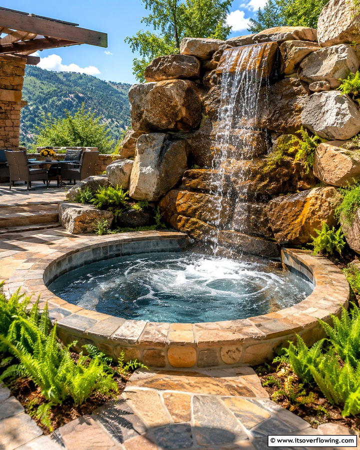 Sunken Hot Tub with Waterfall Feature - 20 Sunken Hot Tub Ideas for Relaxing Outdoor Spaces