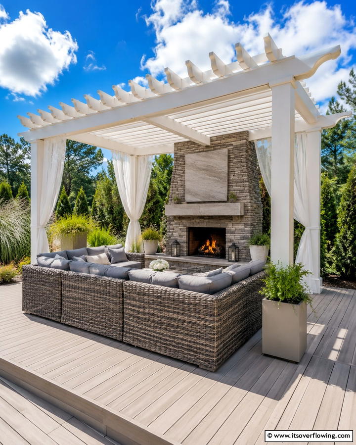 Sunken Lounge with a Corner Fireplace - 25 Outdoor Corner Fireplace Ideas for Cozy Nights