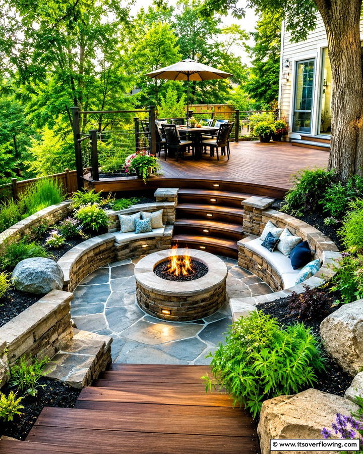 Sunken Patio with Surrounding Deck - 25 Deck and Patio Combination Ideas for a Versatile Outdoor Space