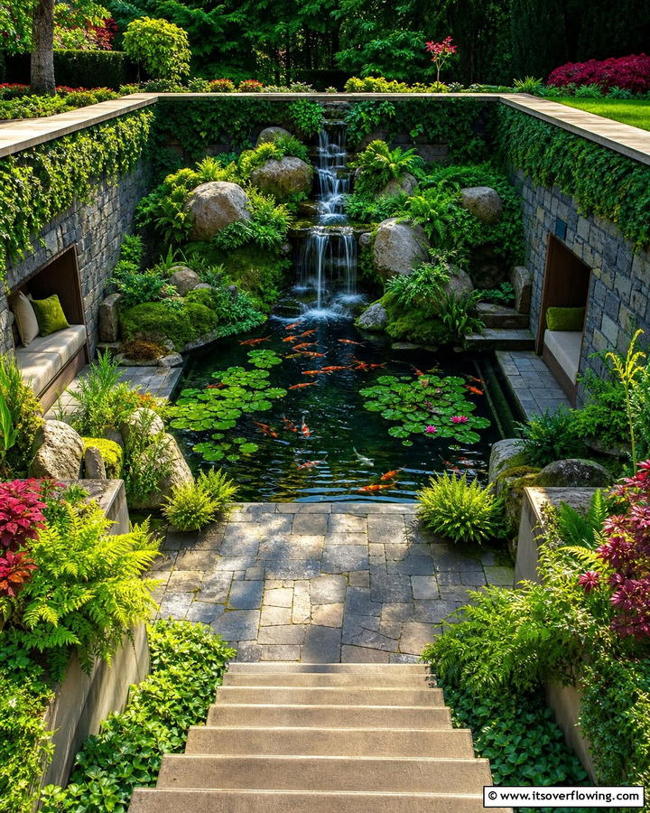 Sunken Water Feature Oasis - 20 Sunken Garden Ideas for a Unique Landscape
