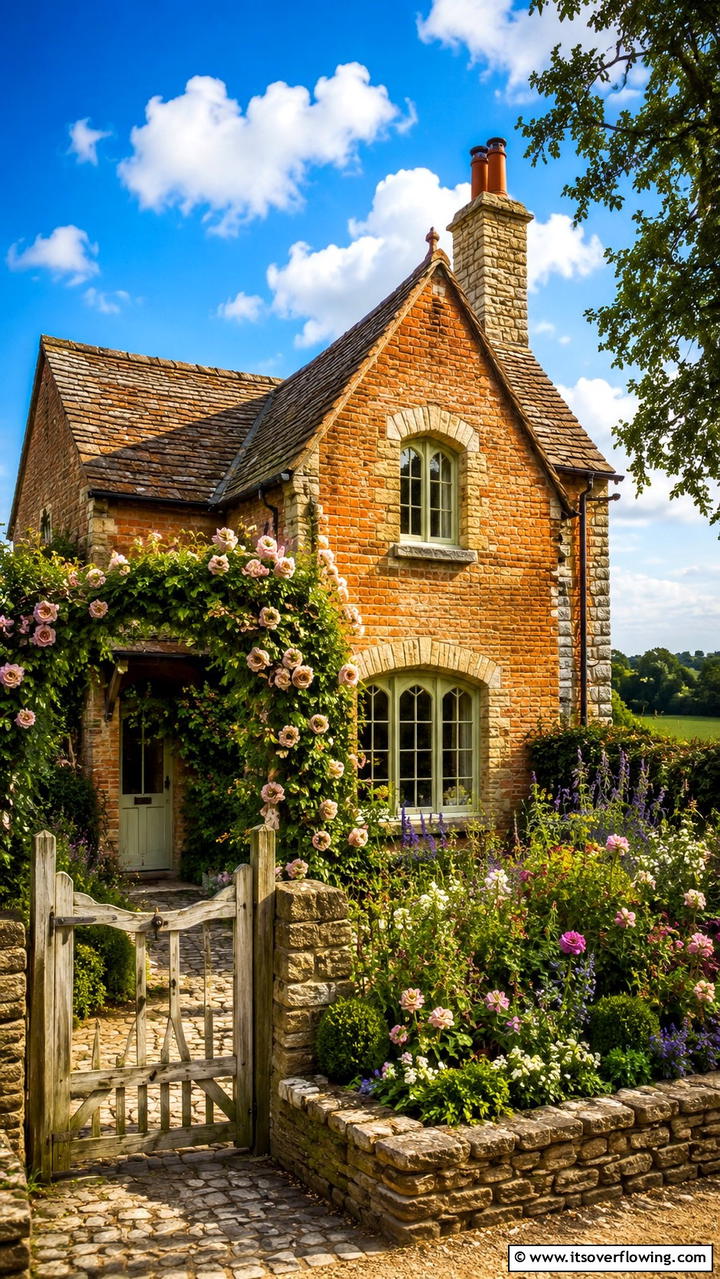 Sunlit Brick Cottage with Rustic Stone Details - 30 Brick Houses With Stone Accents- Exterior Design Inspiration