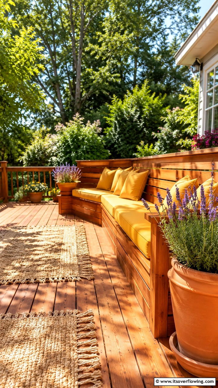 Sunlit Deck Bench with Warm Finishes - 30 Built-In Deck Bench Ideas- Functional Outdoor Seating
