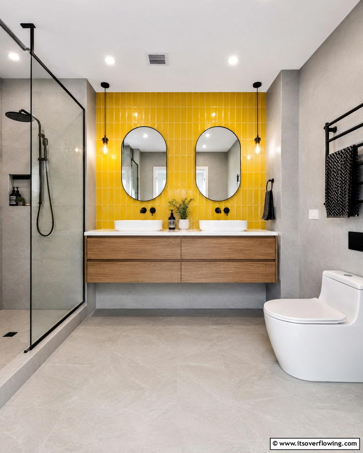 Sunny Accent Tiles - 30 Cheerful Yellow Bathroom Decor Ideas for 2024